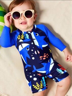 Infant Boy Shark Print One-Piece Swim With Zipper